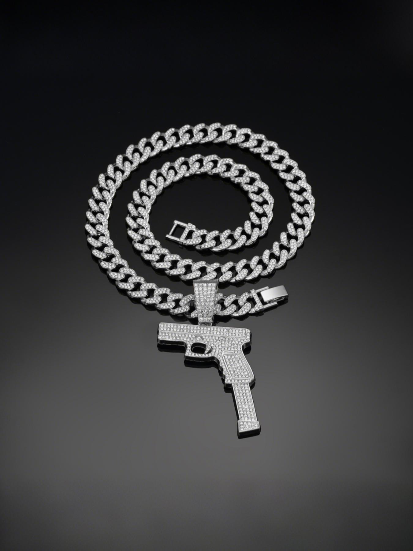Hip Hop Gun Shape Zircon Pendant Necklace, Alloy Cuban Link Chain Street Style Art Culture Jewelry, Unisex Hipster Fashion Accessory