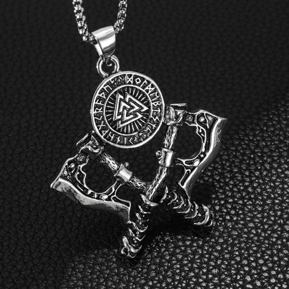 Norse Viking Axe Pendant Necklace, Valknut Symbol Runes Engraved, Stainless Steel Double Axes Necklace for Men, Vintage Warrior Jewelry