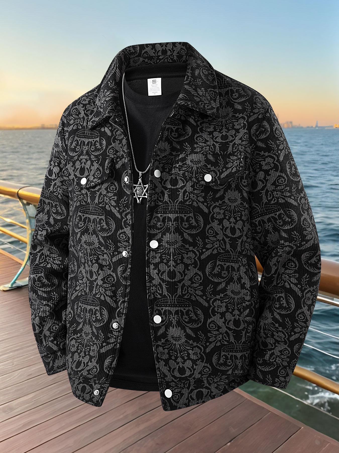 Men's Baroque Print Zip Up Jacket, Casual Fashionable Jacket, Regular Fit Casual Long Sleeve Collared Outerwear for Spring & Fall, Men's Sportswear for Outdoor Activities, Menswear