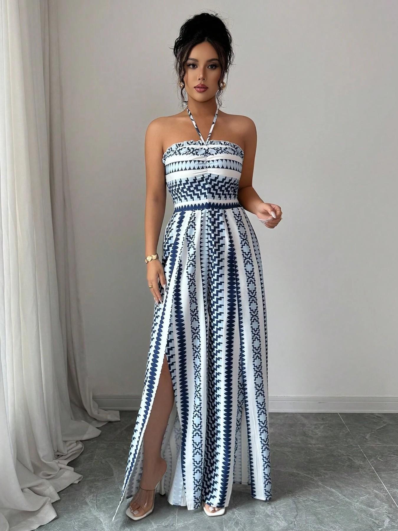 Breathable Geometric Print Jumpsuit, Halter Neck Sleeveless, High Elastic Back Design, Wide Leg Side Slit Pants, Beach Vacation Commute Date