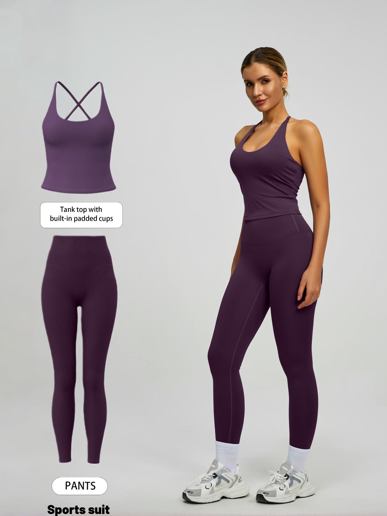 Women's 2-Piece Solid Color Sportswear Set, Sleeveless Backless Tank Top, High Waist Leggings, Slim Fit, Breathable Yoga Gym Outdoor Workout, Stretchable Activewear, Sports Fitness Wear