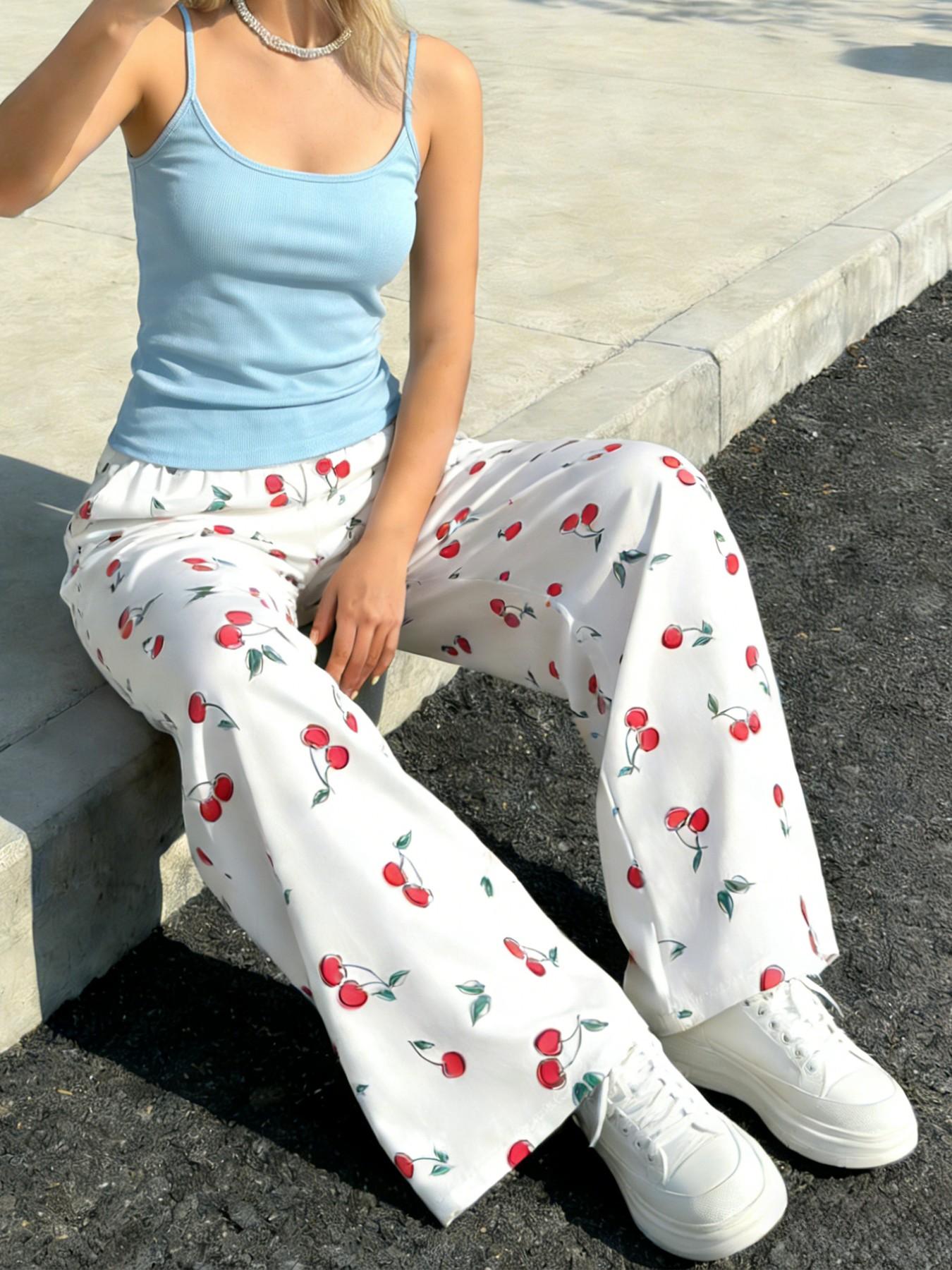 Women's Cherry Print High Waist Wide Leg Pants, Casual Elastic Waist Loose Trousers, Y2K Cute Graphic Bottoms for Daily Wear, Streetwear & Summer Outfits