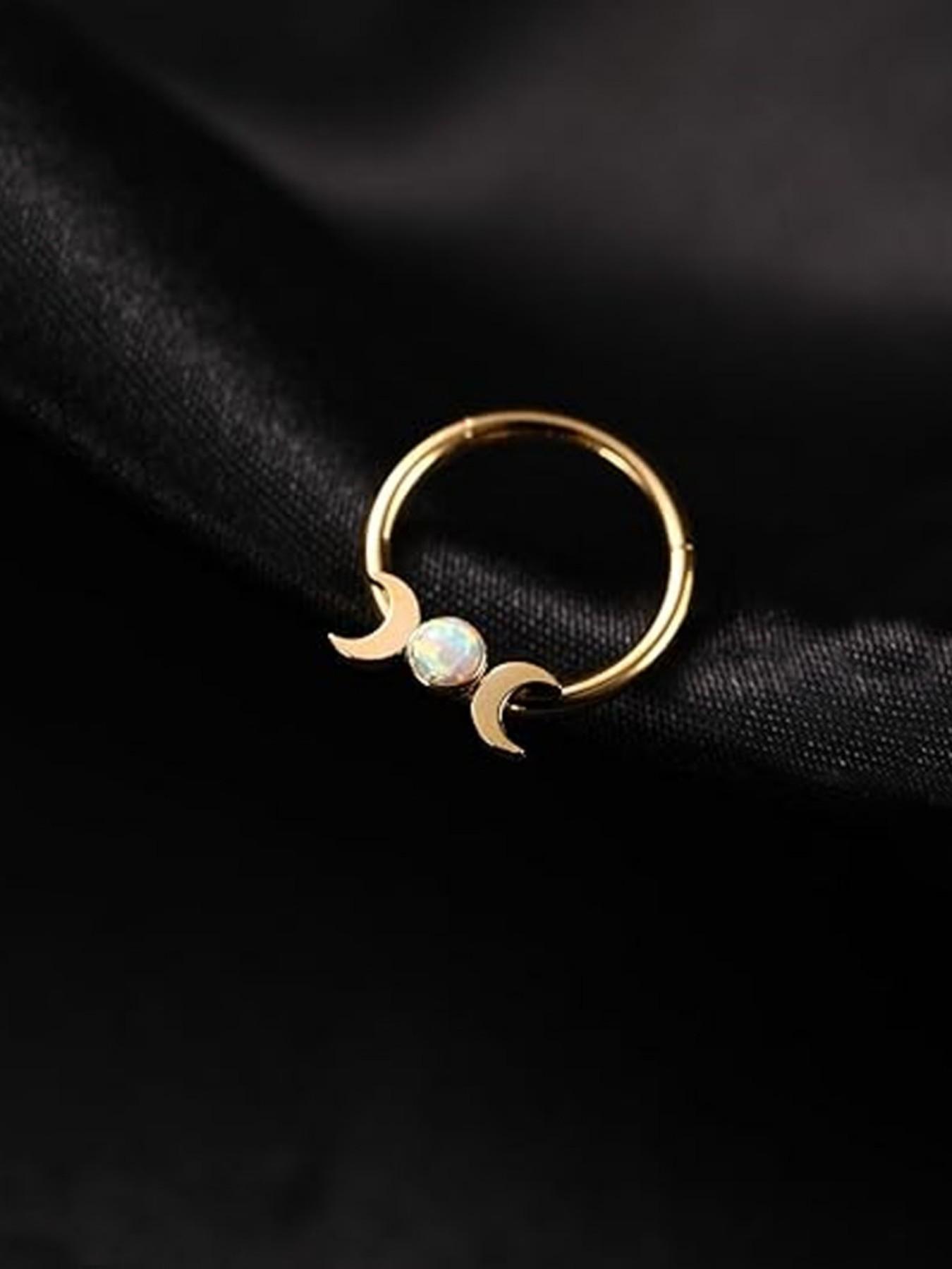 Moon Opal Septum Ring for Women, Stainless Steel Nose Ring Hoop, Double Crescent Cartilage Earring, Minimalist Piercing Jewelry, Aesthetic Gift