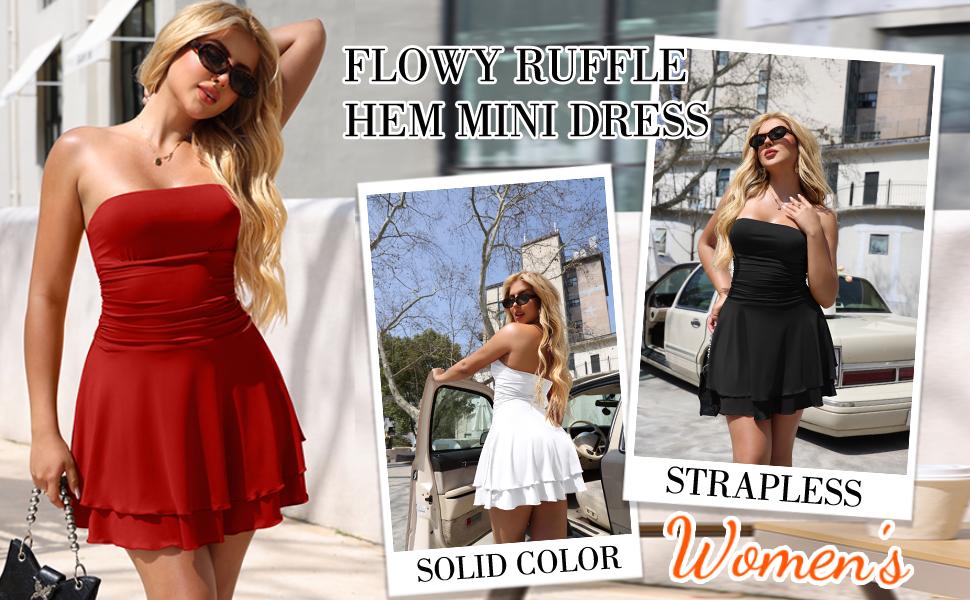 OYV Women's Strapless Tube Ruched Waist Cute A Line Flowy Ruffle Hem Mini Dress OYV Women's Strapless Tube Ruched Waist Cute A Line Flowy Ruffle Hem Mini Dress