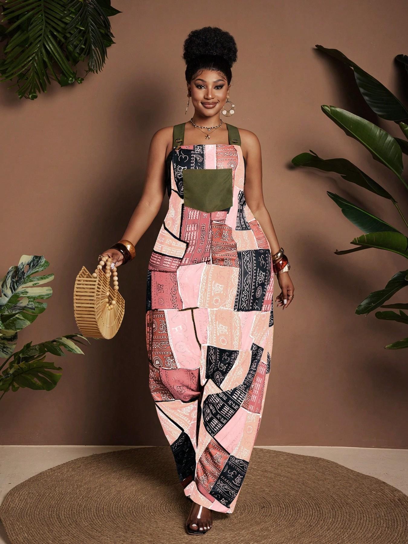Plus Size Patchwork Print Sleeveless Loose Harem Pocket Jumpsuit, Comfortable and Stylish Design, Perfect for Casual Wear