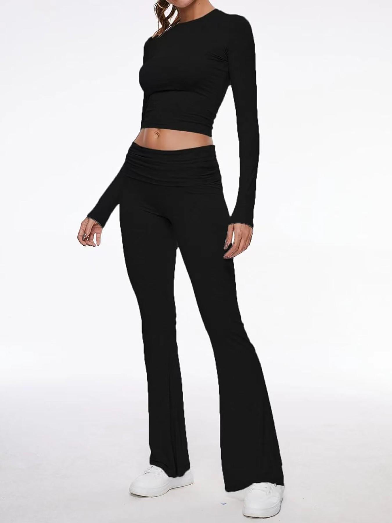 Women's Sport Set, Two Piece Workout Clothes Featuring Long Sleeve Foldable Top and Flared Low Waist Pants, Ideal for Activewear Sportswear