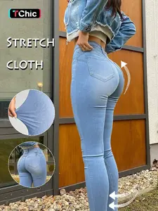 Women's High-Waisted Tight Skinny Jeans, Casual Comfort Stretch Conical Jeans, Y2K Plain Washed Blue, Button Fly, Street Style, All Seasons