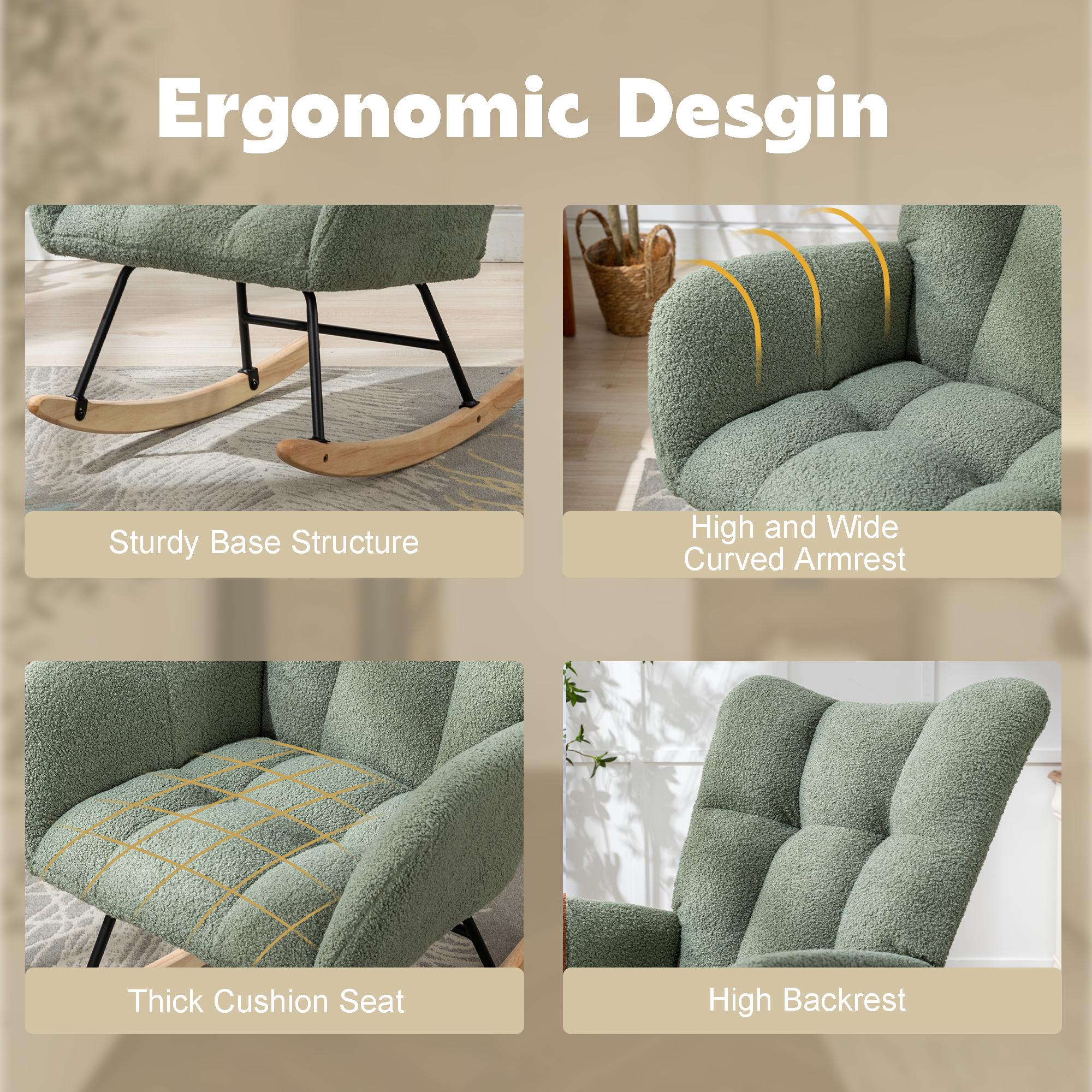 QAK Teddy Fabric Rocking Chair with Pocket, Soft Rocking Chair for Nursery, Comfy Wingback Golider Rocking Chair with Safe Solid Wood Base, Living Room