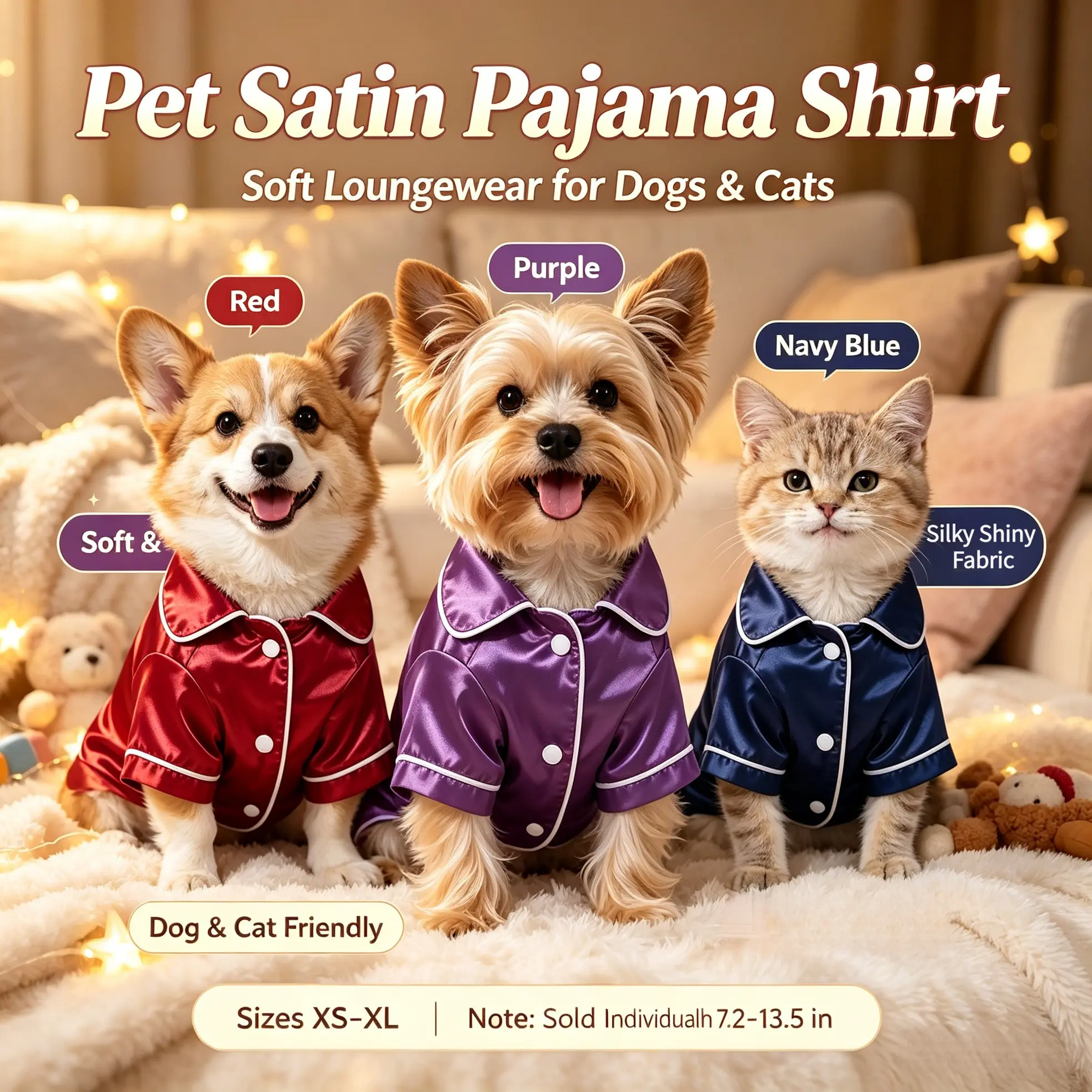 Smooth Satin Pet Loungewear Pajamas, Puppy Clothes, Casual Sleep Shirts for Puppies, Kittens, Small & Medium Dogs Cats, Hair & Stain Resistant Indoor Clothes, Back Length 7.2-13.5 Inches, Sizes XS-XL, 3 Colors Available, Sold Individually