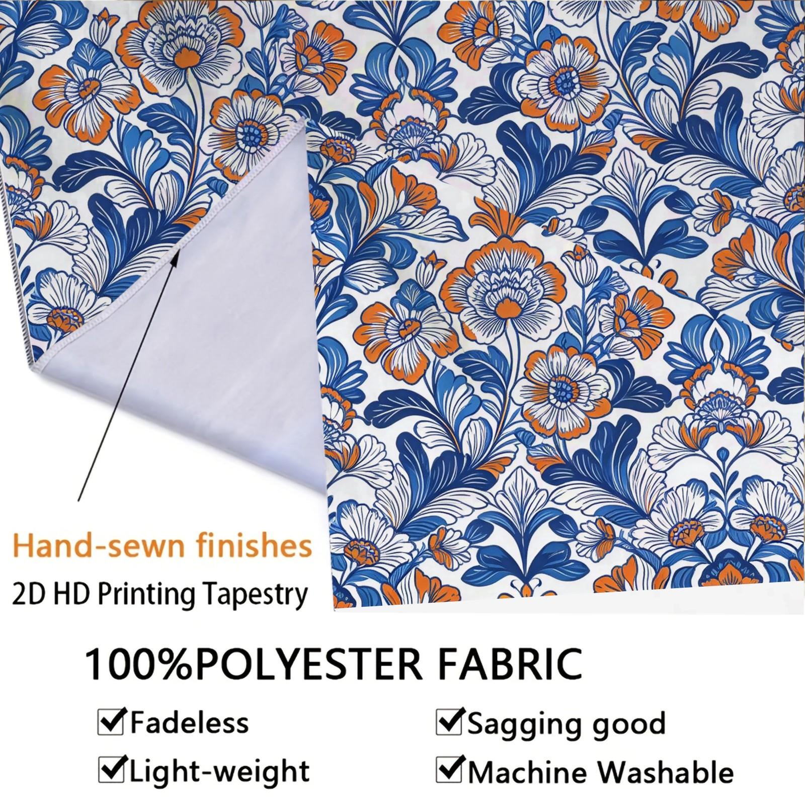 1 Piece Bohemian Blue Orange Floral Tapestry, HD Digital Printed Wall Hanging Tapestries, Aesthetic Boho Tapestry for Living Room Bedroom Dorm Home Decor