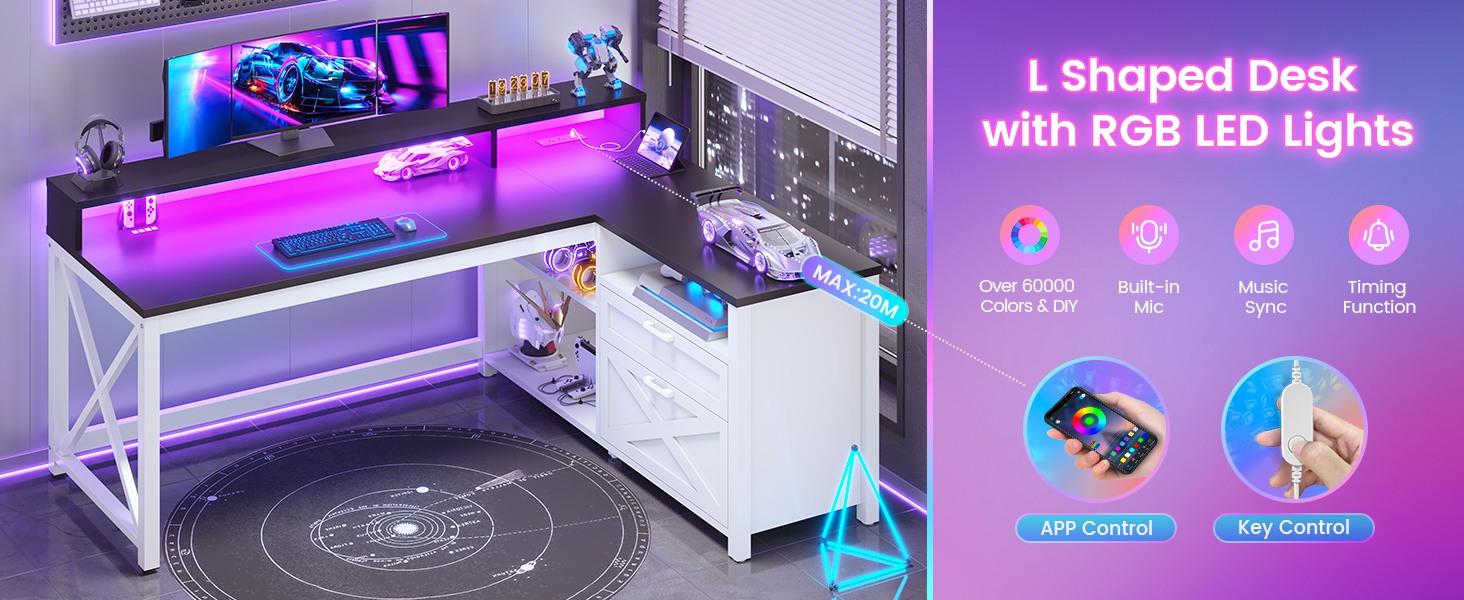 SEDETA L Shaped Gaming Desk, 55" Corner Computer Desk with Drawers, Home Office Desk with Printer Storage Shelves, Monitor Stand and LED Lights Study Organizing