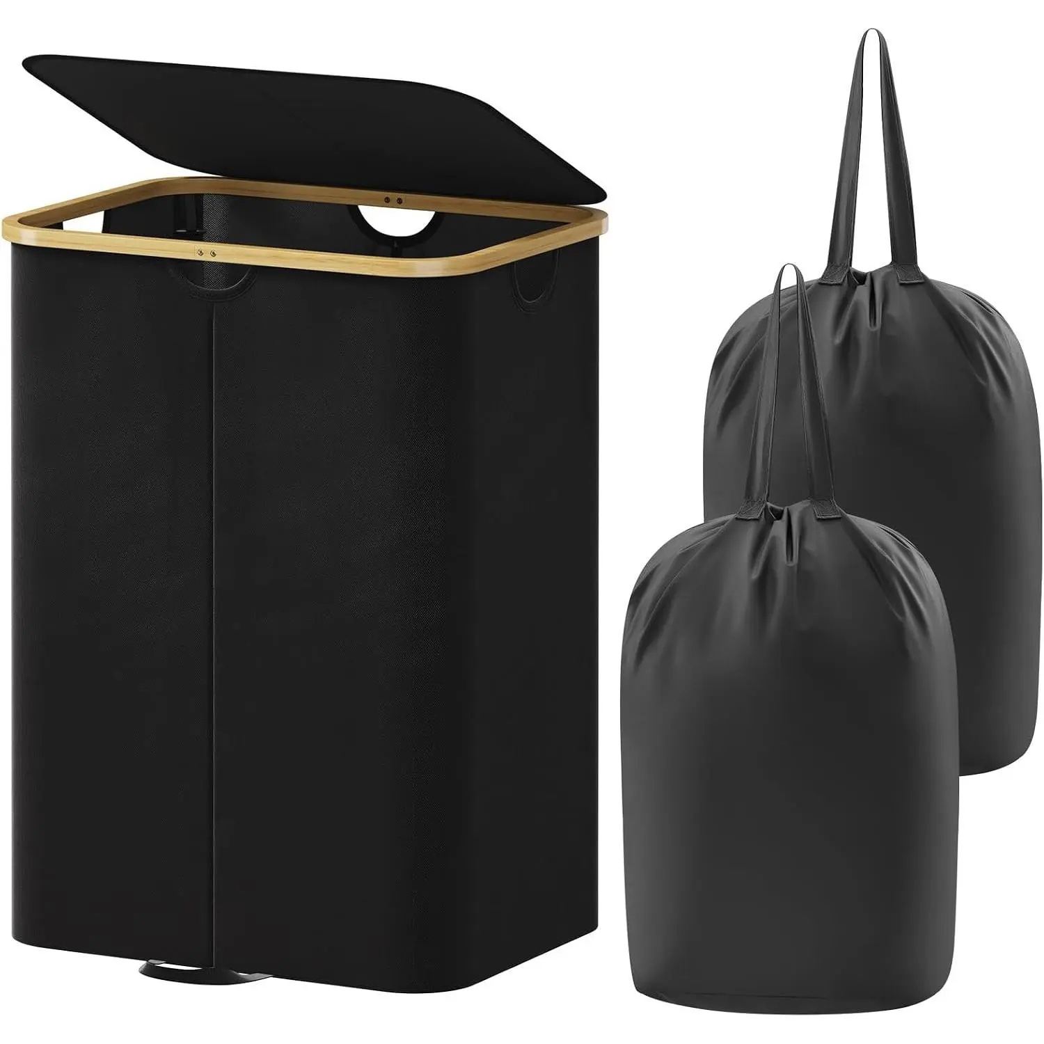 150L Double Laundry Hamper with Lid, Large Laundry Basket with Removable Bag & Bamboo Handles, Fodable Tall Dirty Clothes Hamper for Laundry Collapsible Bin for Bathroom Bedroom Dorm, Black