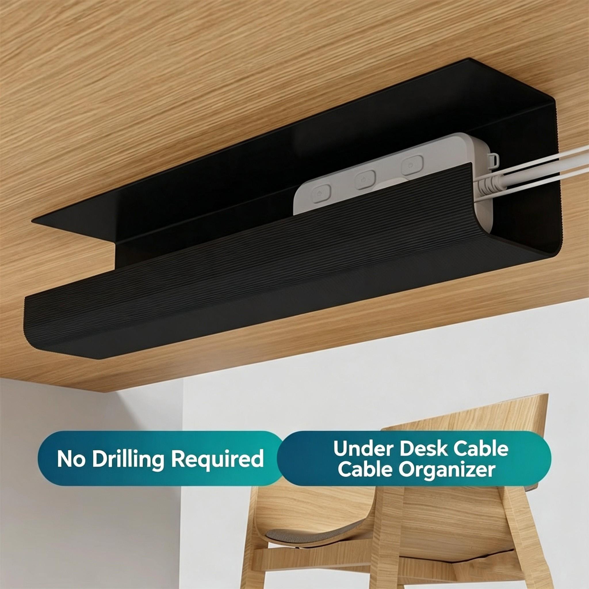 1pc Under Desk PVC Cable Management Tray, Adhesive No Drill Damage-Free Wire Organizer,Large Capacity Sturdy PVC Cable Holder for Office,Home Office & Standing Workstations,Cable Management Tray,Black,40cm/15.7in