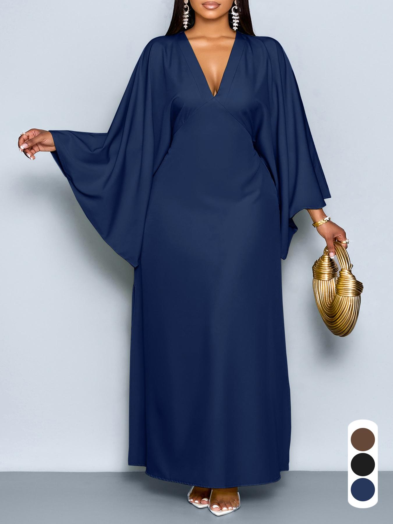 Women's Elegant Fall Casual Loose-Fit Dress, Deep V-Neck Long Sleeve High-Waisted Split Hem, Plus Size Woven Fabric Womenswear