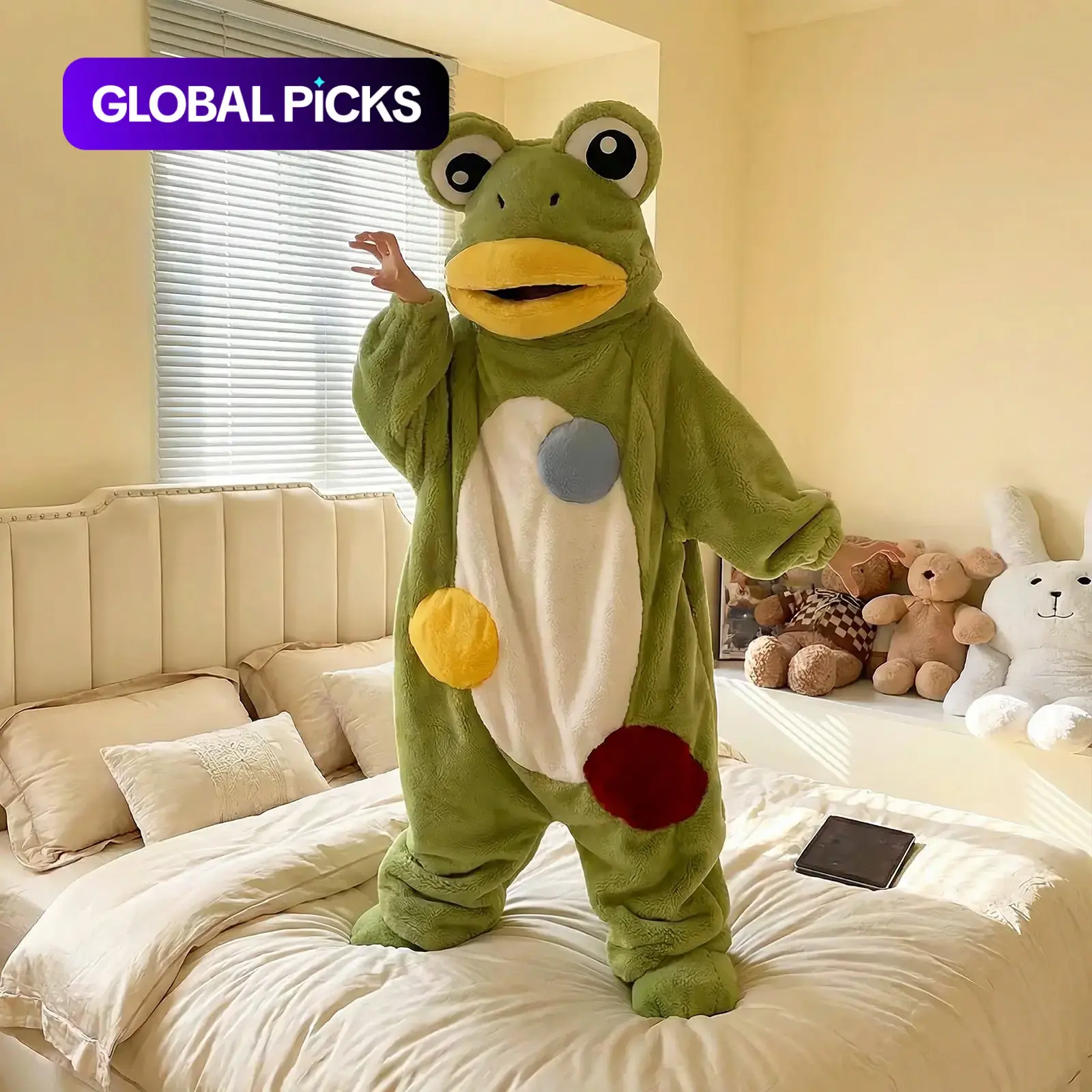 Funny Novelty Big Eyes Frog Onesie Pajamas Set, 2-Piece with Robe and Shoes, Thickened Cozy Sleepwear, Party Cosplay Costume, Birthday Gift