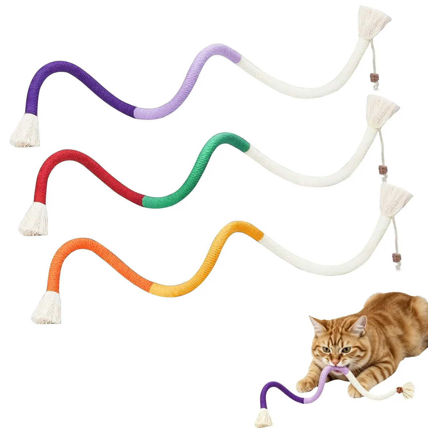 Cat Toys Chew Ropes 3Pcs, Safe Teeth Cleaning Toy for Indoor Kittens, Calming Interactive Kitty Toys