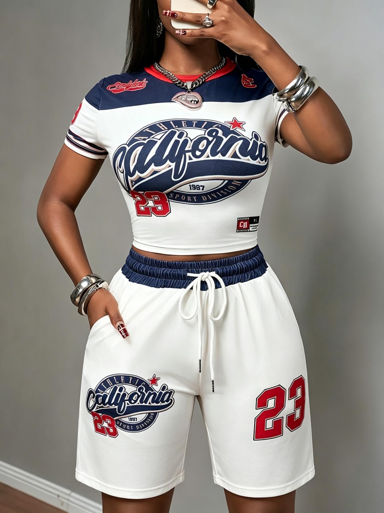 Y2K Slogan Print Two-Piece Activewear Set, Short Crop Top & Loose Shorts, Sporty Streetwear