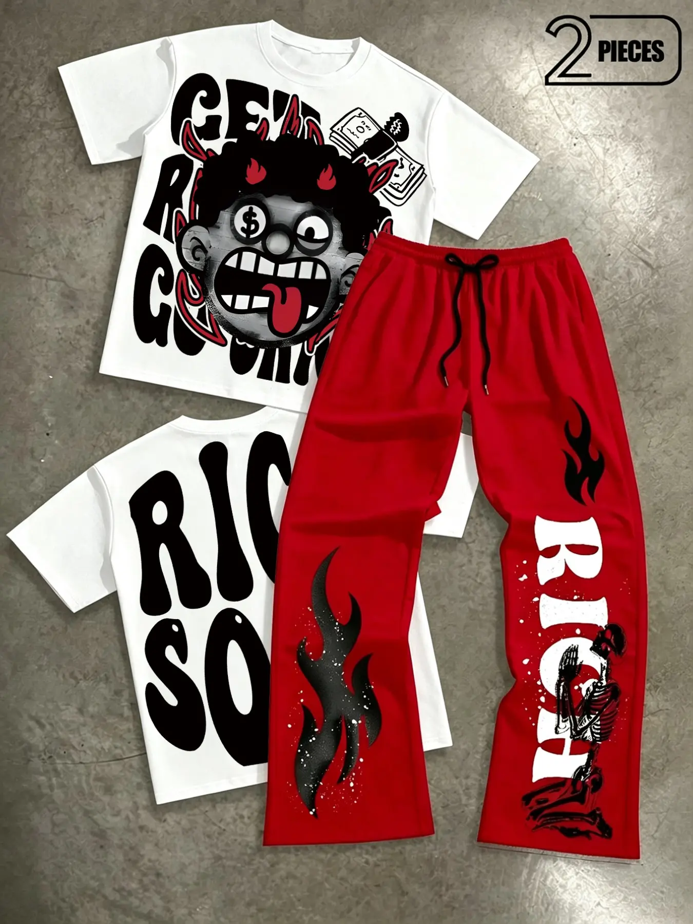 Breathable T-Shirt Set with Soft Knit Sweatpants, Rich Quote, Devil Eye Pattern, Flame Design, Skull Print, Elastic Waist, Teen Summer