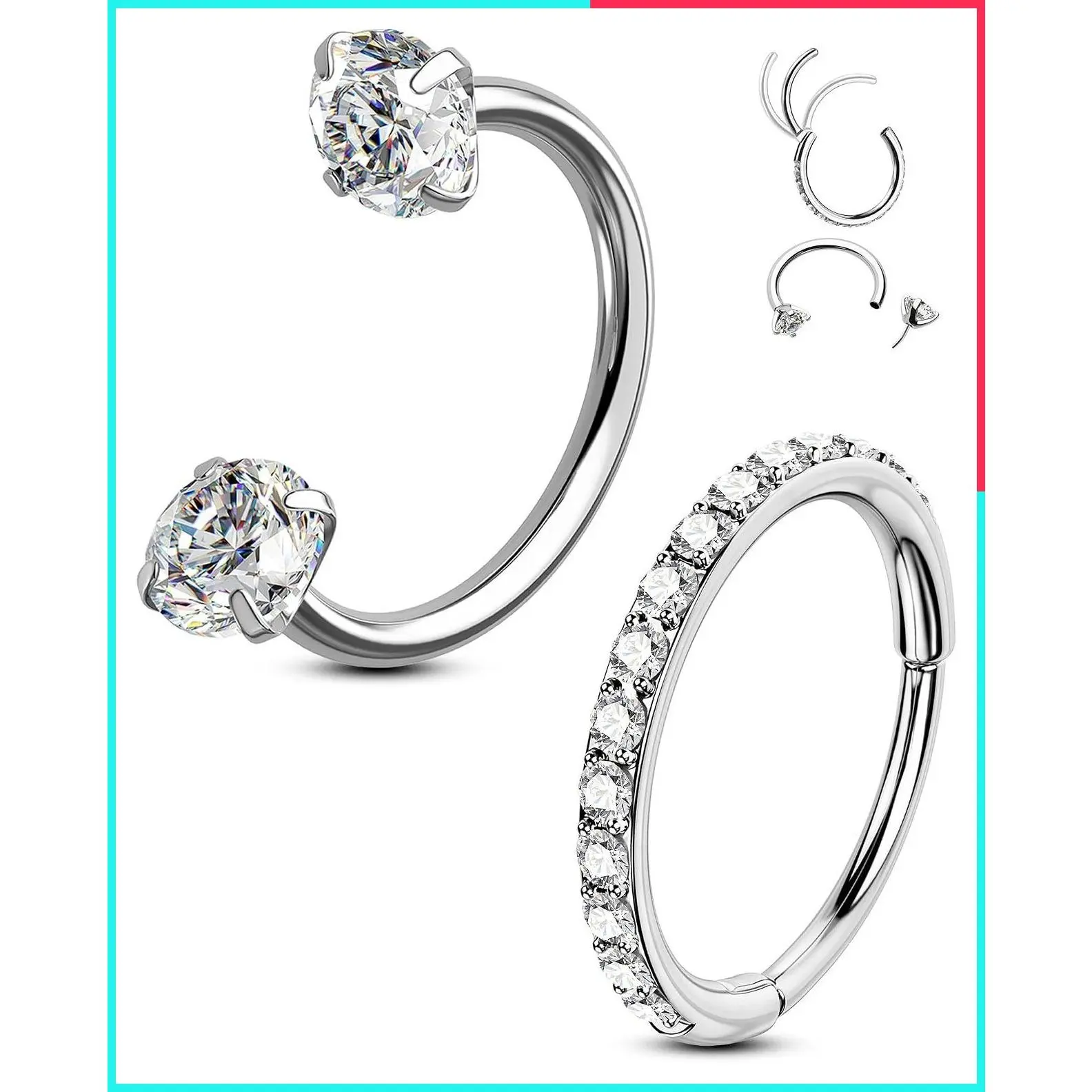 2PCS 20g Double Gem Horseshoe Threadless Nose Rings Hoops for Women, Septum Clicker Daith Tragus Helix Rook Eyebrow Lip Piercing Jewelry