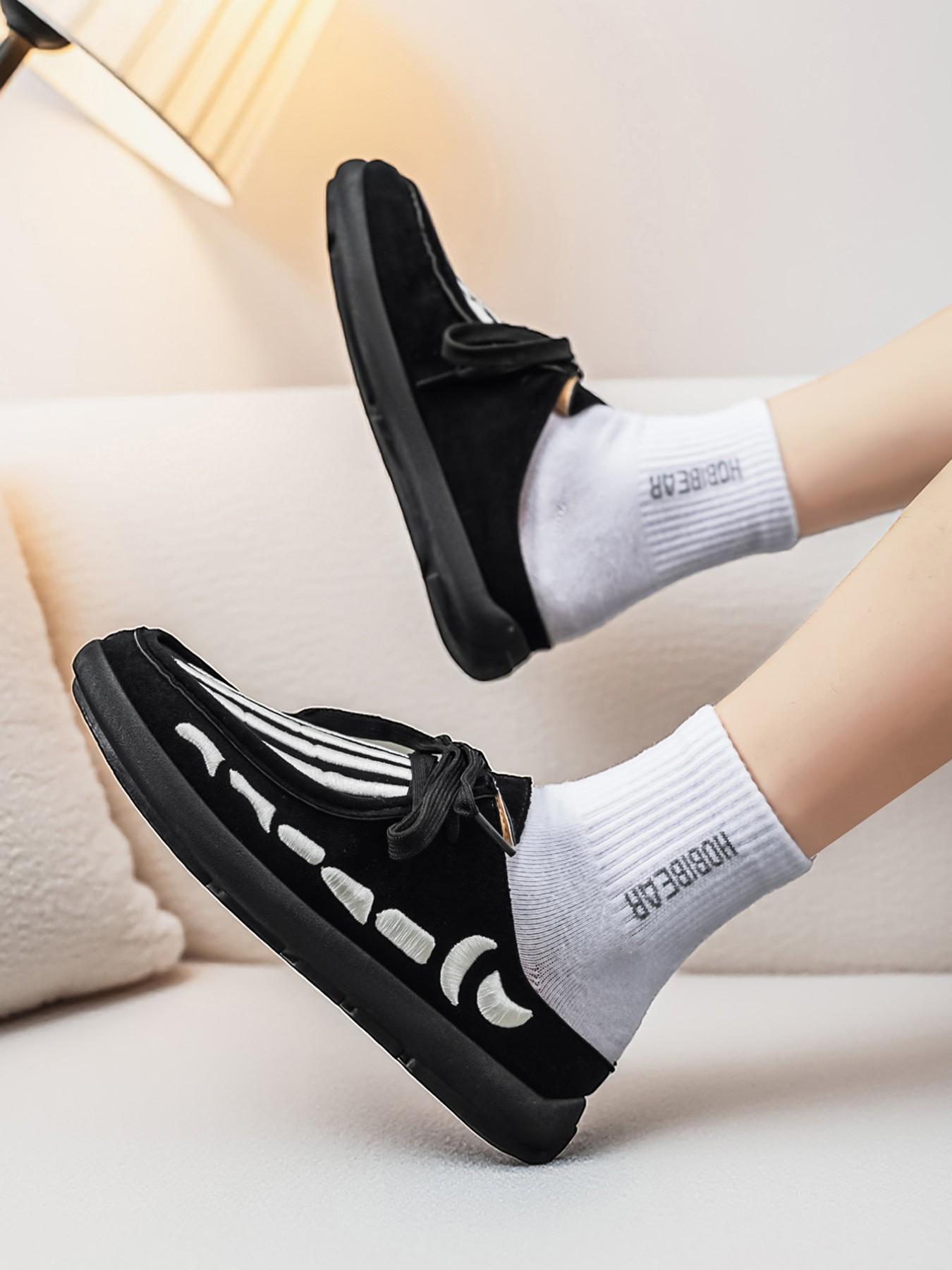 Men's Skull Print Slip-On Mules, Gothic Casual Half Sandals, All Season Lightweight Shoes, Sizes 39-46, Dark Academia Style