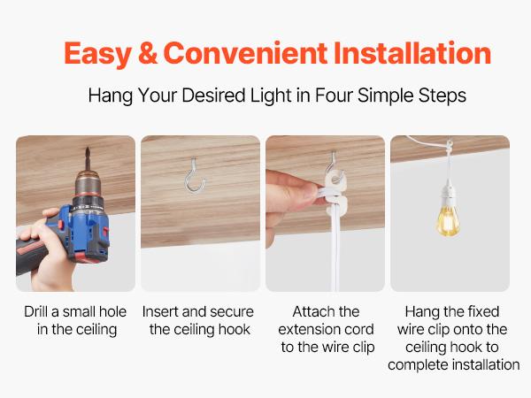 VEVOR Plug in Hanging Light Cord Kit, 16ft Lantern Extension Cords, 2 Pack E26 Light Socket Lamp Cord Replacement, Secure Sturdy, Easy to Install, Pendant Lamp Kit On/Off Switch Socket Rings
