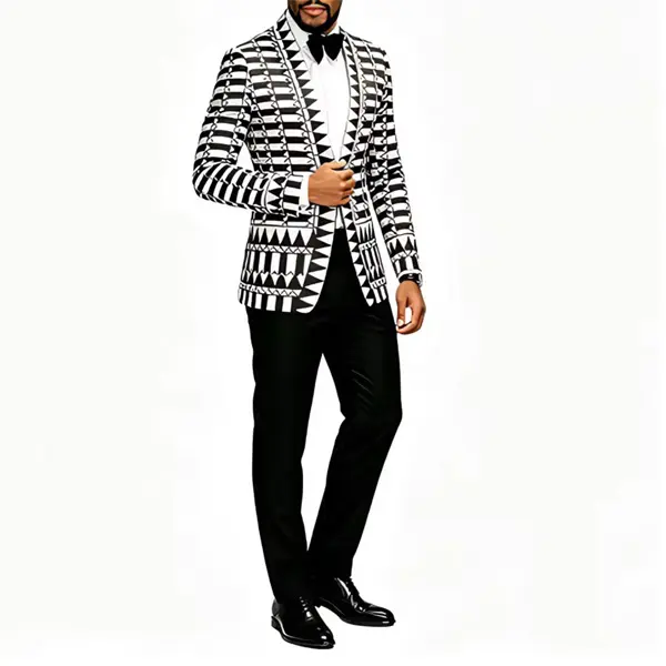 Men's Slim-Fit Open-Front Black White Geometric Print Tuxedo Blazer, Formal Evening Suit Coat for Wedding Prom, Long-Sleeve Menswear, Size S