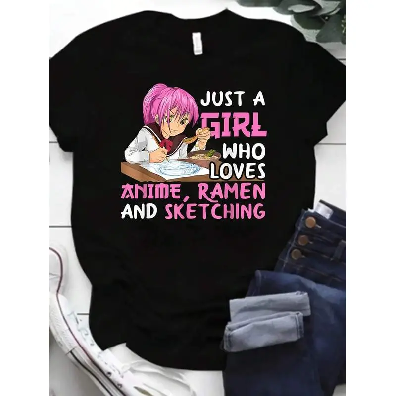 1 Piece Anime And Alphabet Print Round Neck T-Shirt, Spring/Summer 200g Polyester Casual Short-Sleeved Top, Women's Clothing