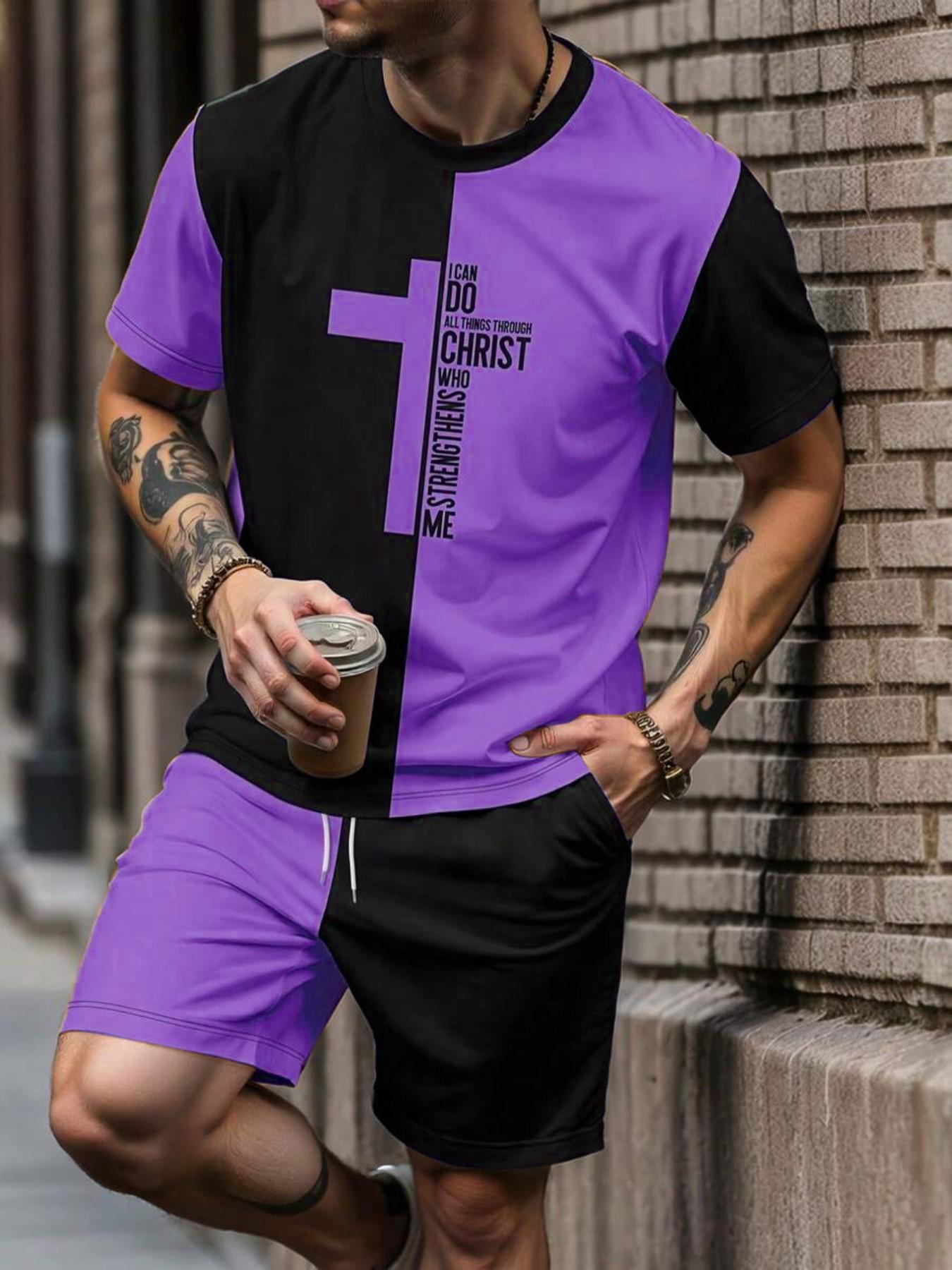 Men's Vintage Religious Style Two-Piece Set, Loose Fit Cross Print Short Sleeve T-Shirt + Gym Shorts, Fashionable for Men