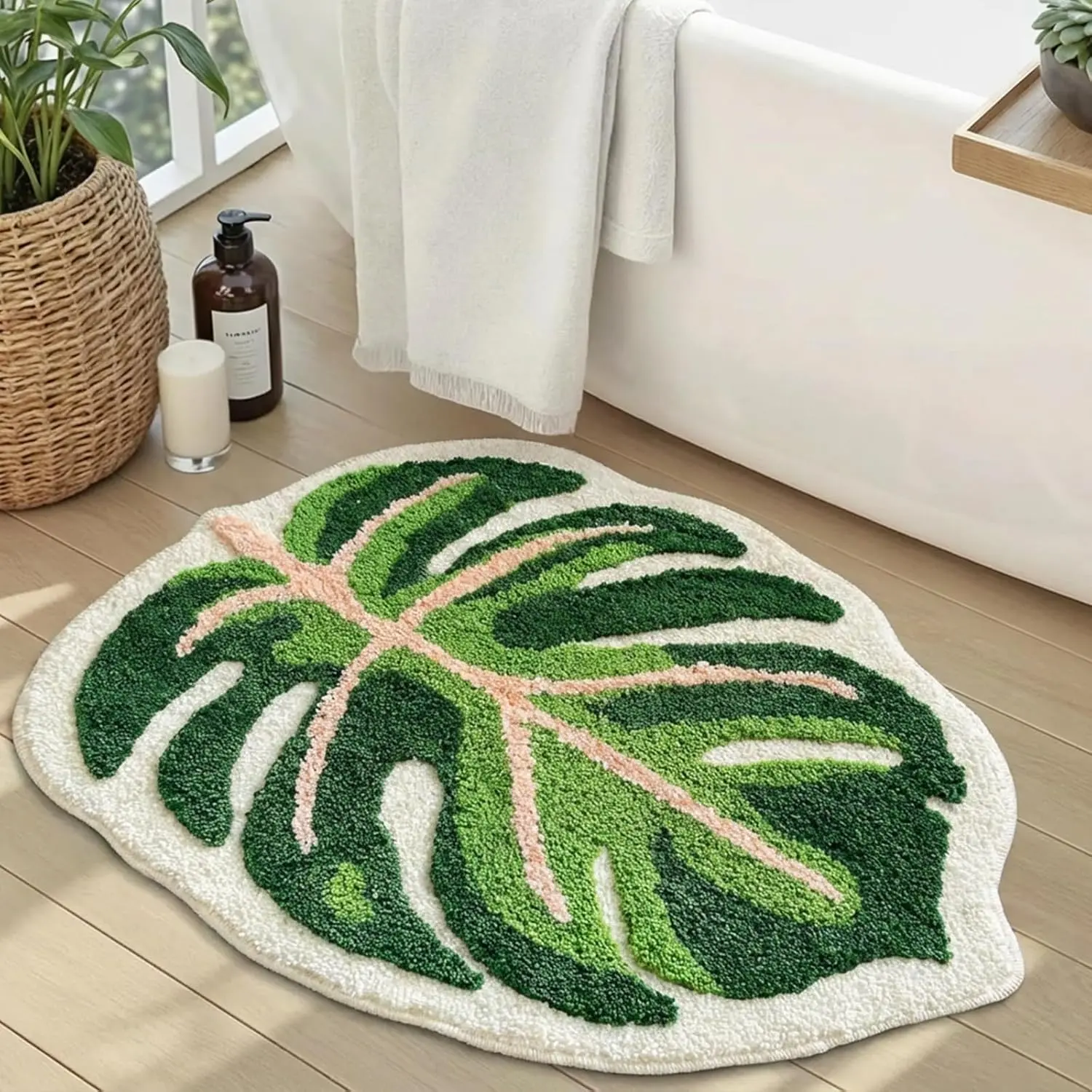 Cute Monstera Bath Mat,Green Leaf Bath Mat,Non Slip,Soft,Absorbent,Machine Washable Bathroom Bathtub Rugs,Toilet,Kids Room,Bedroom,Monstera Leaf Rug(21"X26")