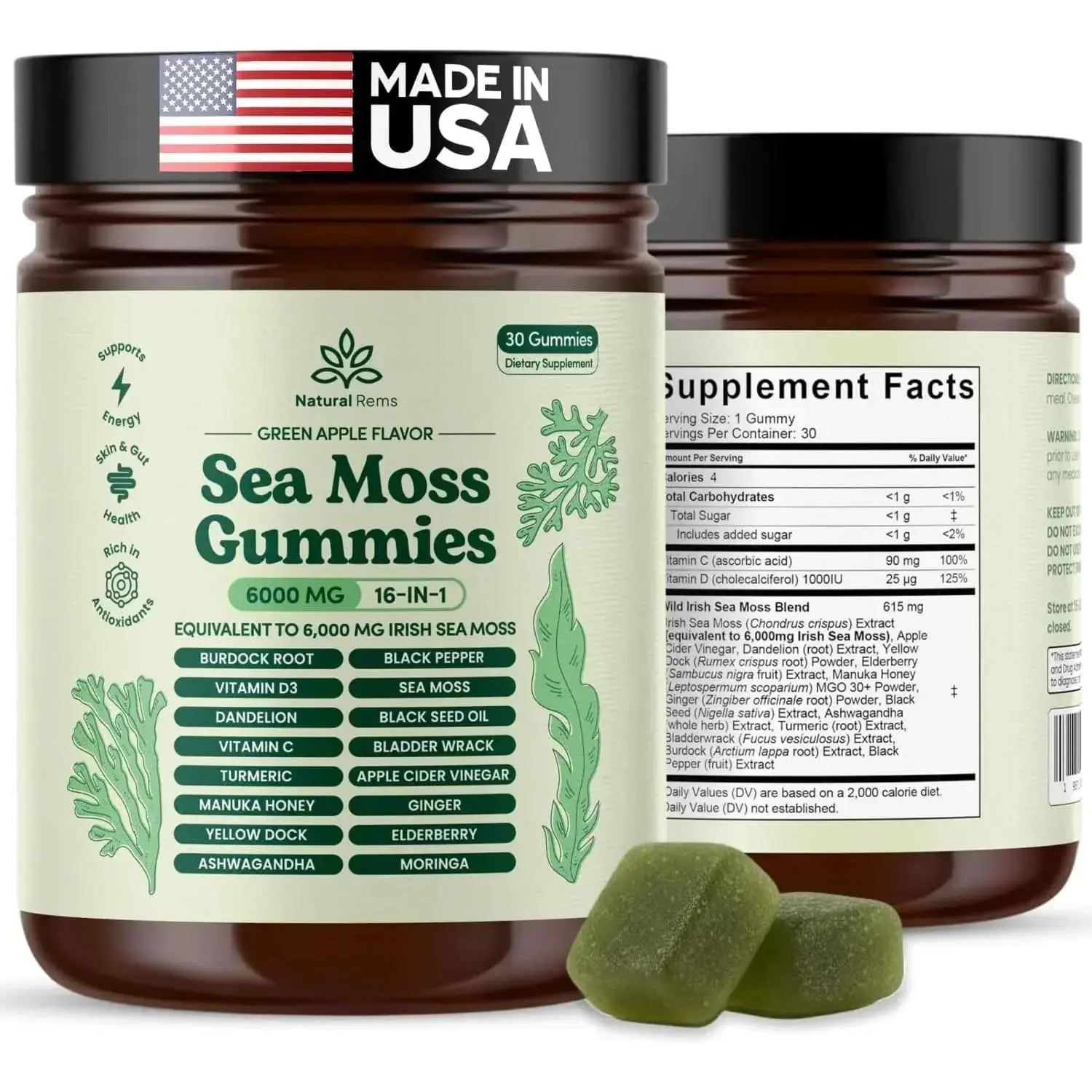 Natural Rems Sea Moss Gummies 16-in-1 - Ashwagandha Black Seed Oil Bladder Wrack Turmeric Vitamin C & D3 with Manuka Burdock Root Dandelion Yellow Dock Elderberry Apple Cider Vinegar (Green Apple)