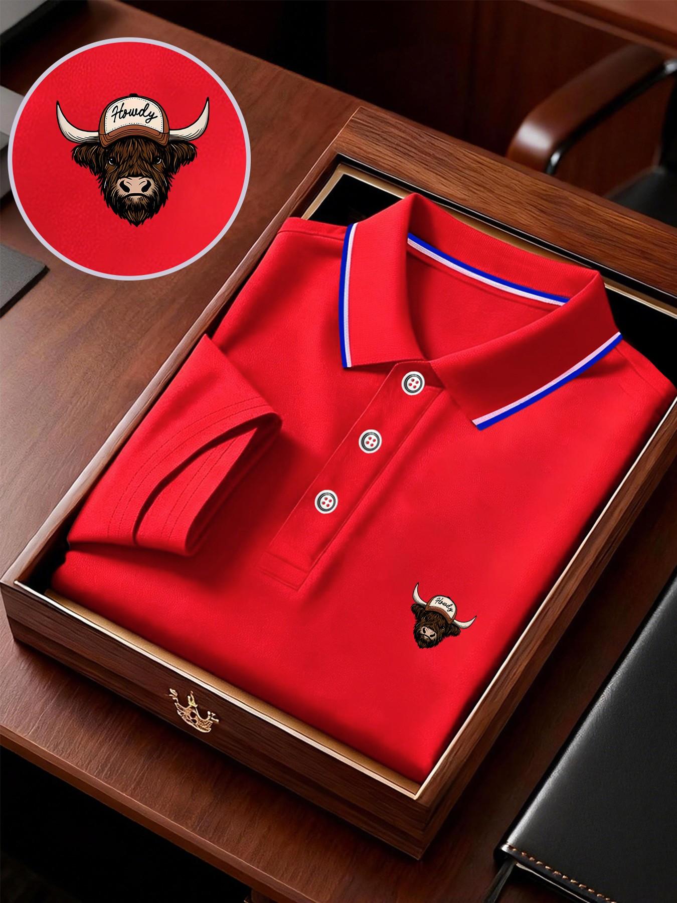 Men's Geometric Print Polo Shirt, Loose-Fit Short Sleeve, Breathable Elastic Fabric, Casual Business Tee, Spring Summer Outdoor Wear