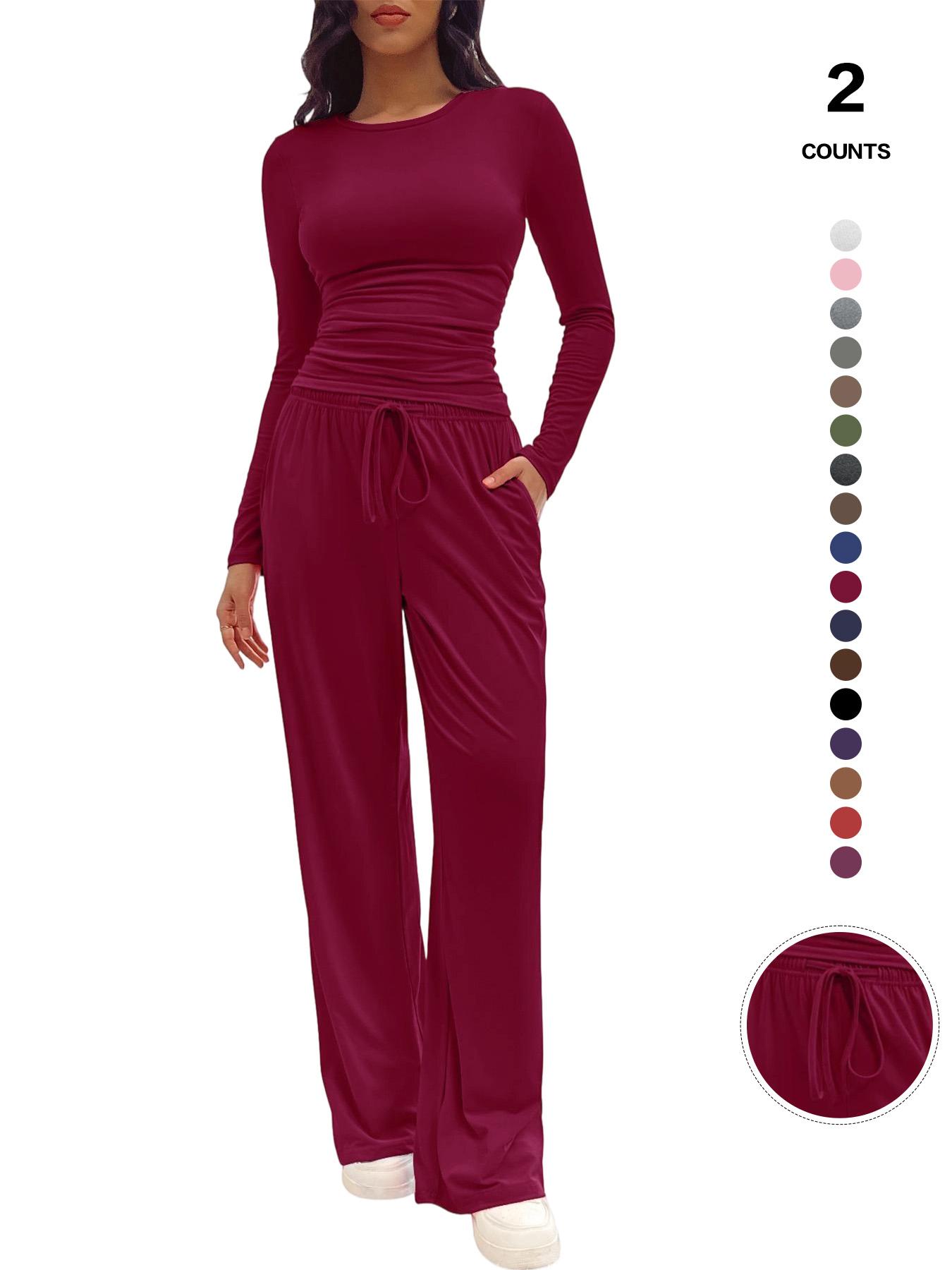 Women's Fitted Two-Piece Loungewear Set, Ruched Tee & Drawstring Pocket Pants with Organic Fabric, Casual Daily Wear