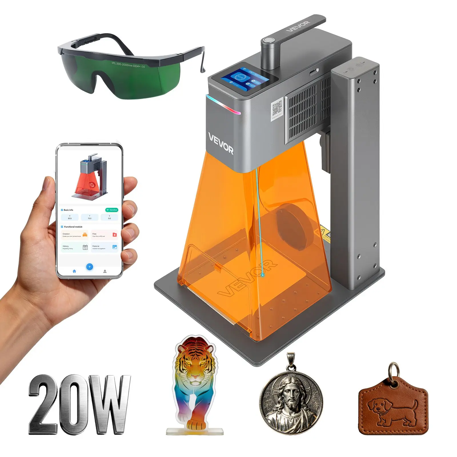 VEVOR 2-in-1 Dual Laser Engraver Machine with Handheld Grip, 10000 mm/s High Speed, 20W Blue & 2W IR Lasers, 6.3x5.5 in Engraving Area, Manual Auto Focus, DIY Tool for Home Acrylic Wood, Inches/mm Compatibility for DIY Users