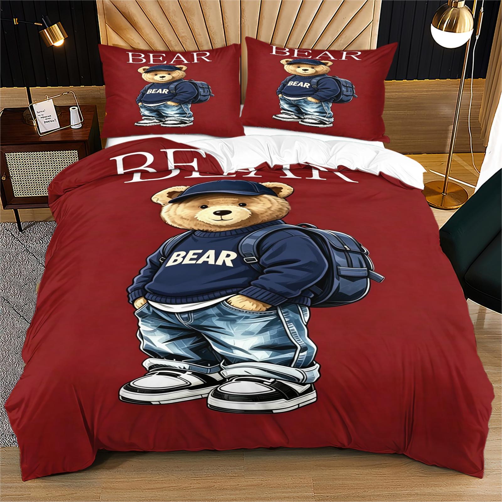 Handsome teddy bear printed pattern duvet cover set, including 1 duvet cover and 1 or 2 pillowcases, without a core or pillow, suitable for bedroom or dormitory bedding set, suitable for gift giving or personal use, Bedroom Decor