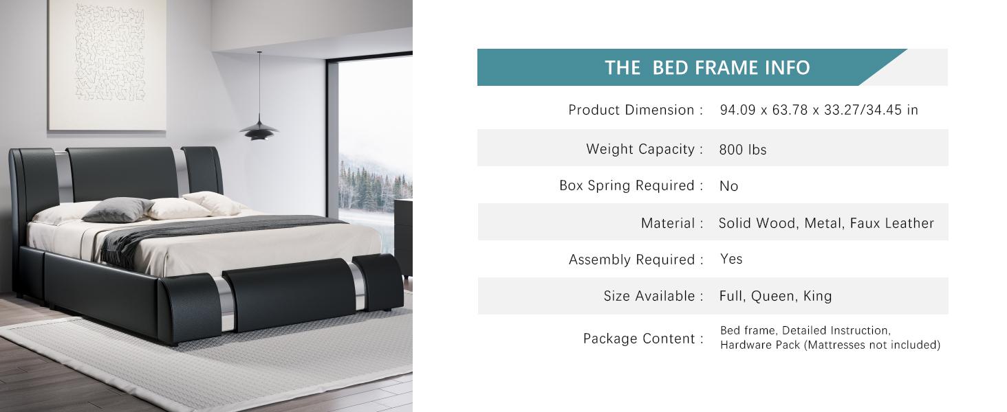 HOOMIC Modern Faux Leather Platform Bed Frame【Frame Only No Mattress】with Iron Pieces Decor,Low Profile Platform Bed with Height-adjustable Headboard,Solid Wood Slat Support,No Box Spring Needed,Queen/King Size#SummerVibes