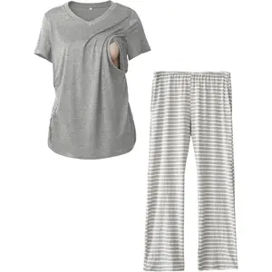 Women's 2-Pack V Neck Maternity Nursing Pajama Set - Postpartum Breastfeeding Sleepwear with Pockets
