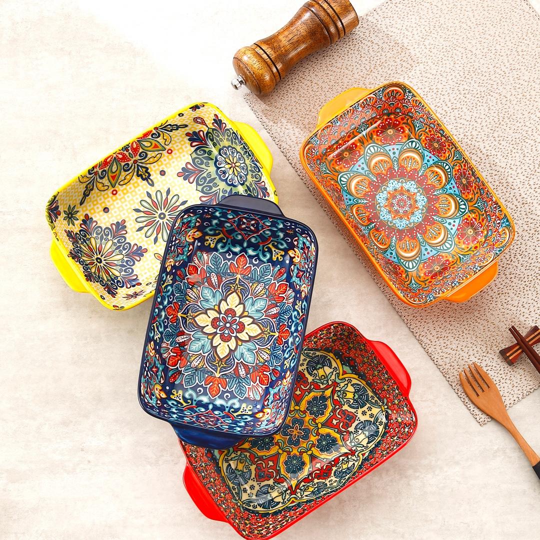 4Pcs Double Handle Rectangular Serving Plates Set, Microwave Oven Safe Dinner Plates for Sushi, Dessert, Salad, Pasta, Baking, Suitable for Home Kitchen Dorm Restaurant