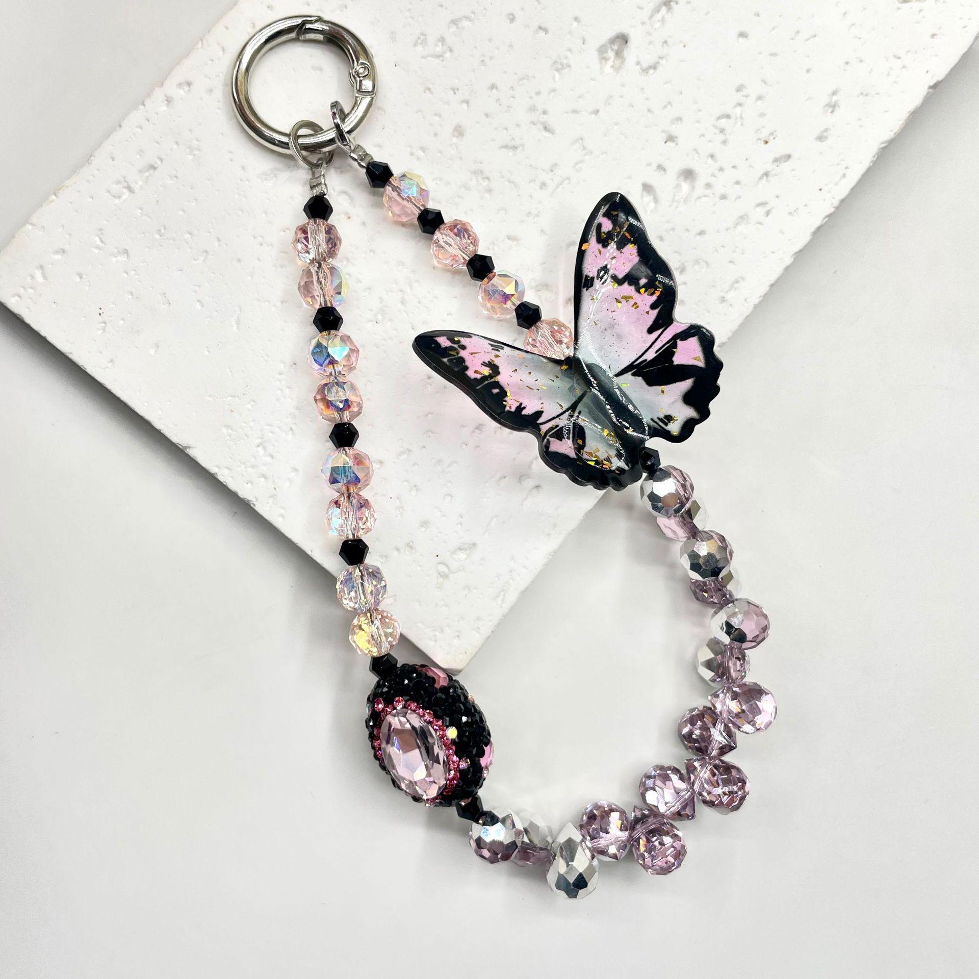 Butterfly Design Beaded Phone Chain, DIY Premium Smudge Bow Beaded Crystal Lanyard, Phone Wrist Lanyard, Earphone Case Key Camera Ornament, Charms