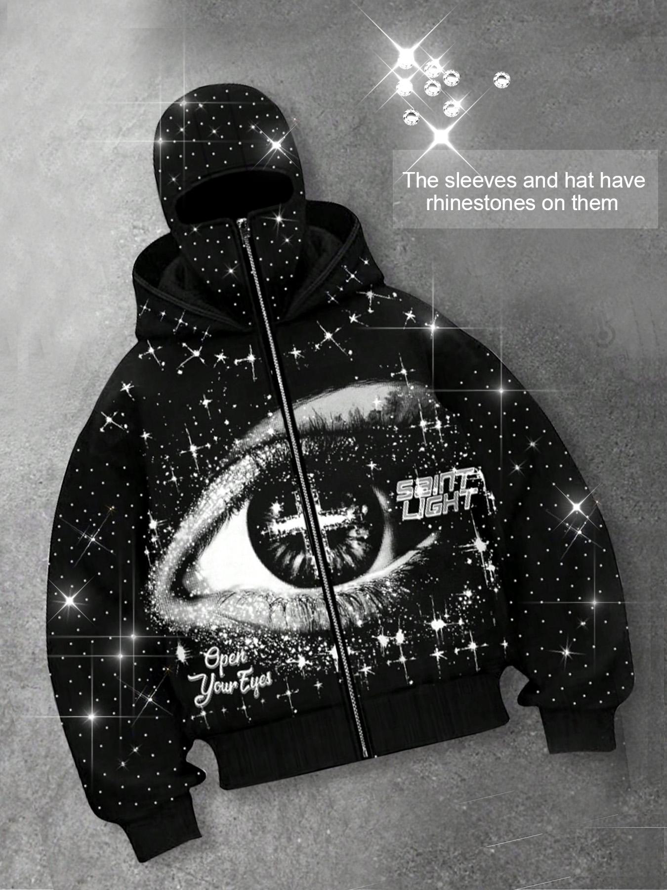 Eye pattern, two hats, zipper hoodie for men, sleeve hat with rhinestones, sparkling starry sky cardigan, hooded unisex hoodie, European and American street casual fashion trend jacket, autumn and winter velvet hoodie, party nightclub Instagram style