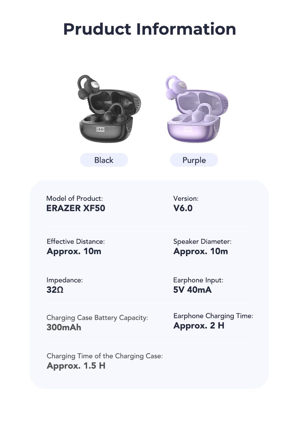 ERAZER XF50 AI Translation Earphones, Hi Fi Sound Quality, 134 Language Translations, Ultra Light Wear, IPX5 Anti Sweat, Waterproof, Stable and Durable Clip on Earphone Strap APP Suitable for Travel and Learning