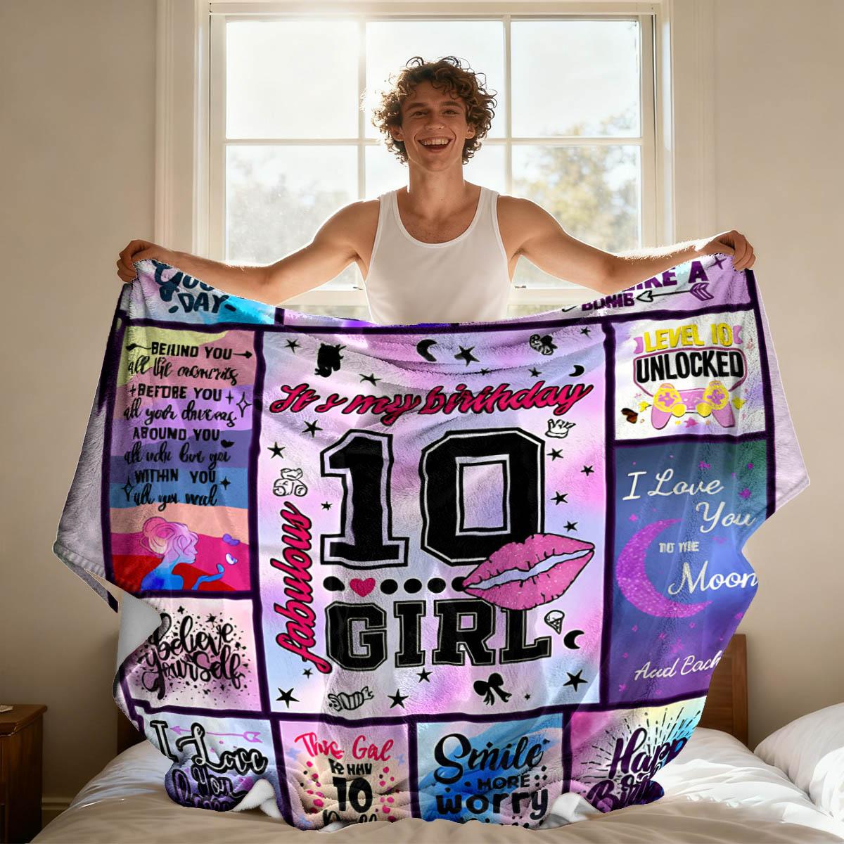 Girls' 10th Birthday Marble Pattern Blanket, Soft Flannel, Lightweight Warm, No Pilling Shedding, Living Room Bedroom Window Cover, Gift Pet Rug