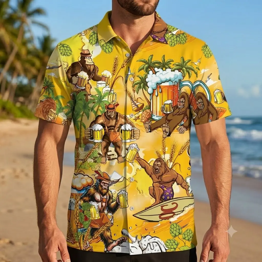 Men's Bigfoot Oktoberfest Hawaiian Shirt, All‑Over Print Sasquatch Beer Mug Hops Surfboard Palm Tree Short Sleeve Cuban Collar Button‑Down Aloha Shirt for Beer Festival Party