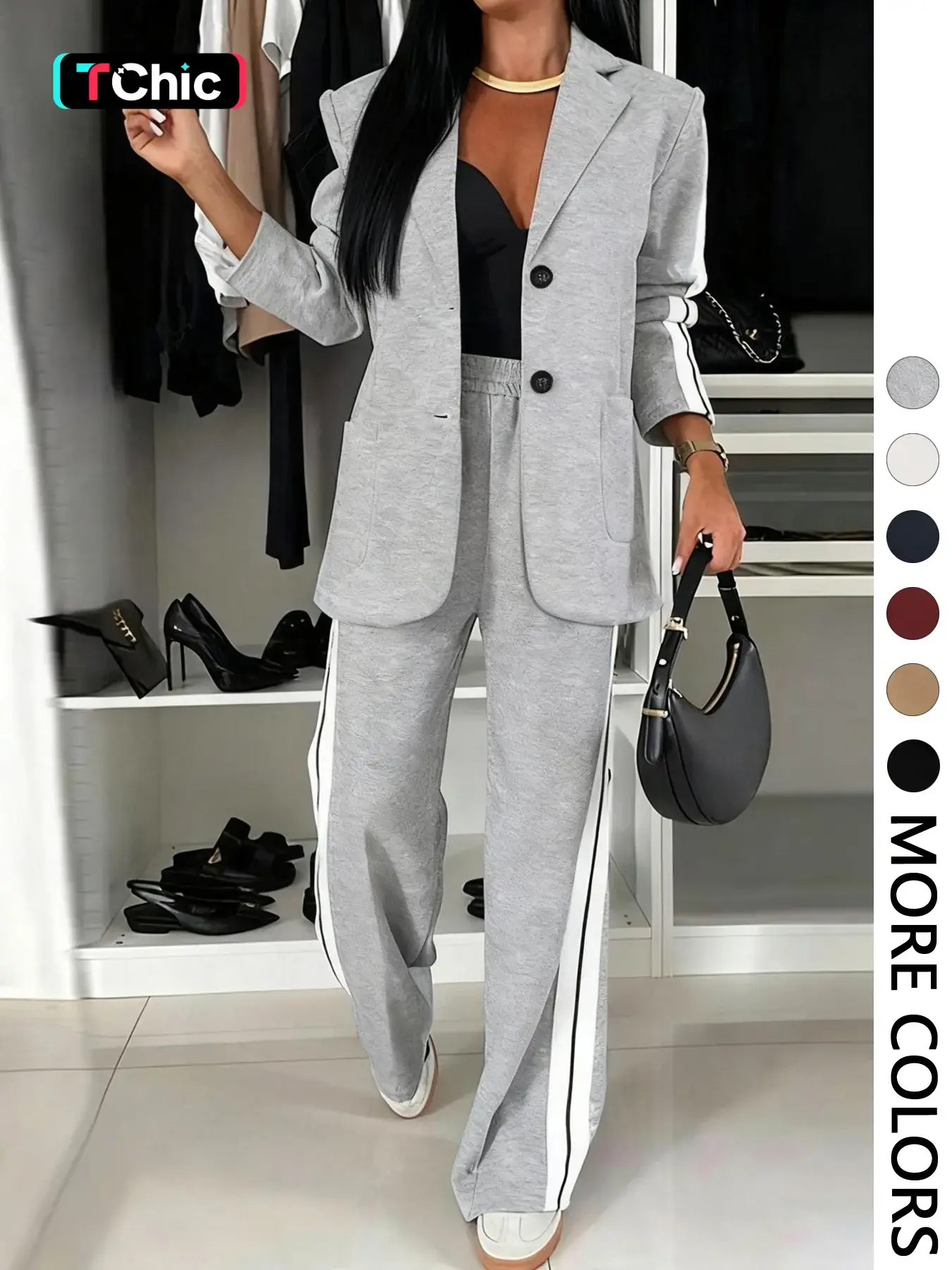 Women's Fall & Winter Suit, Long Sleeve Pockets Jacket & Wide Leg Striped Pants Set, Casual Daily Wear Clothes Women's Fall & Winter Suit, Long Sleeve Pockets Jacket & Wide Leg Striped Pants Set, Casual Daily Wear Clothes