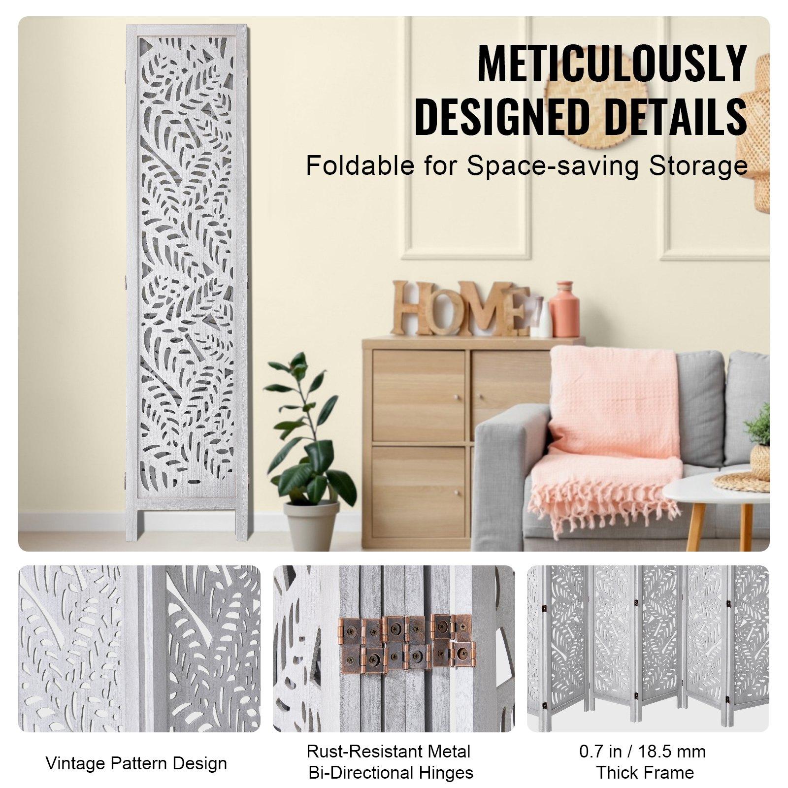 VEVOR Wood Room Divider - 6-Panel Carved Folding Privacy Screen, 66.9 in Tall Indoor Partition with Wood Panel Wall, Rectangular Form, Portable Setup for Home, Office