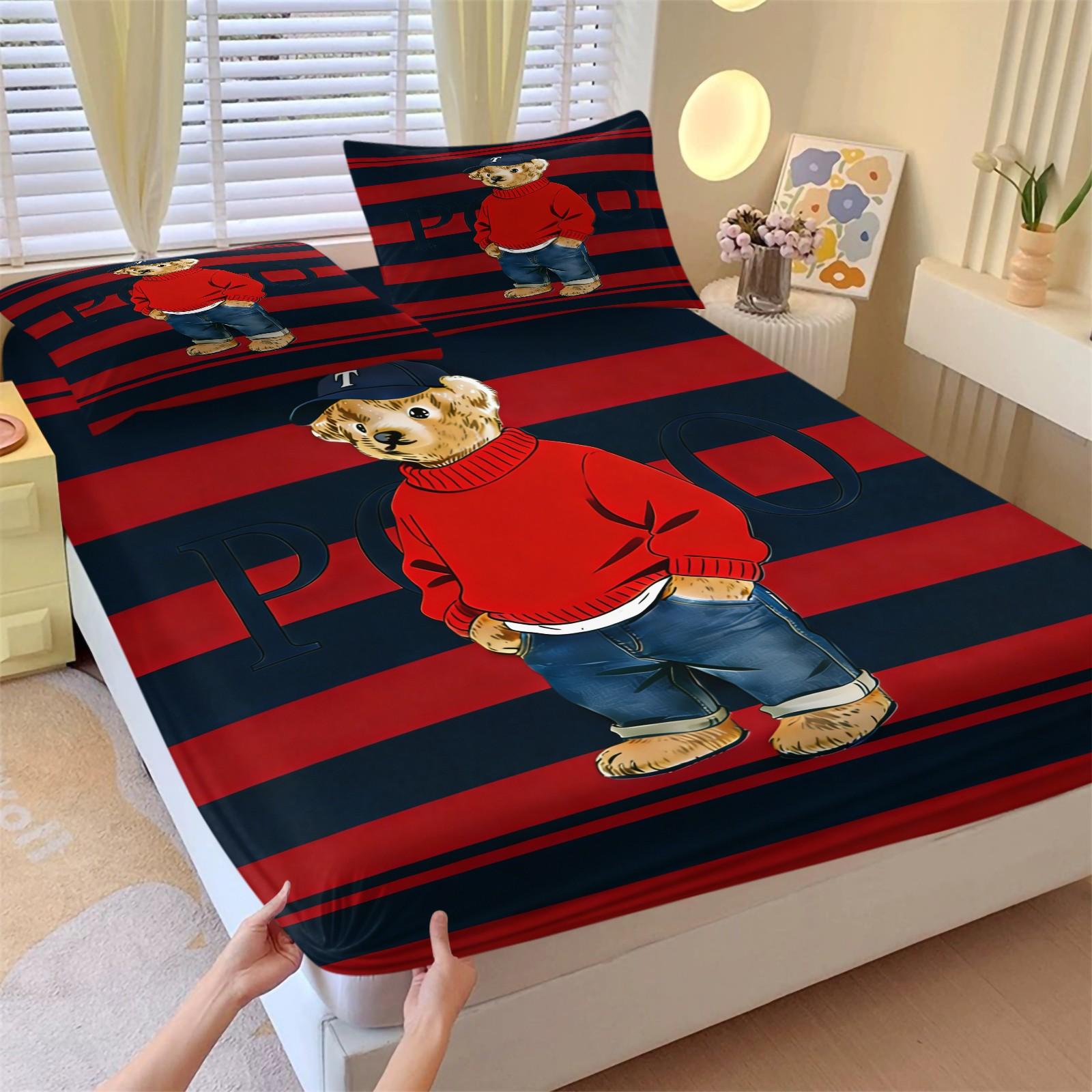 Teddy Bear Pattern Bed Sheet, Comfortable Printed Pattern, Includes 1 Bed Sheet and 2 Pillowcases, Comfortable Bedding, Non slip Dust Cover Suitable for Bedroom and Guest Room, Suitable as a Gift for Children or Adults