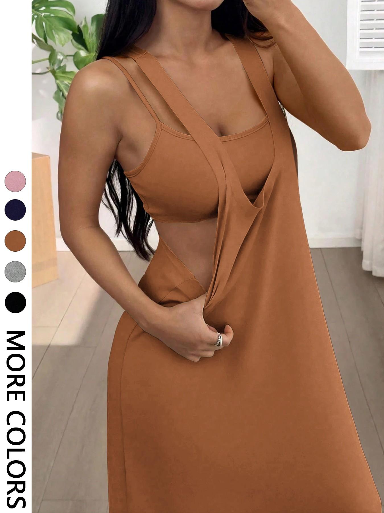 Women's 2pcs Heather solid color Tank Top & Cutout Maxi Dress Set , Soft Stretchy Fabric & Double-Strap Design Women's 2pcs Heather solid color Tank Top & Cutout Maxi Dress Set , Soft Stretchy Fabric & Double-Strap Design
