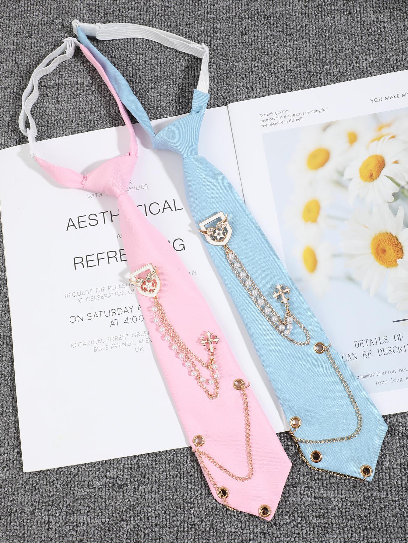 Nylon Pull-On Pre-Tied JK Uniform Necktie, Light Blue Lazy Neck Tie with Cross Badge, Faux Pearls and Gold-Tone Chain Details, INS Trendy Academia Collar Accessory for Shirt Matching, Pull-On Tie