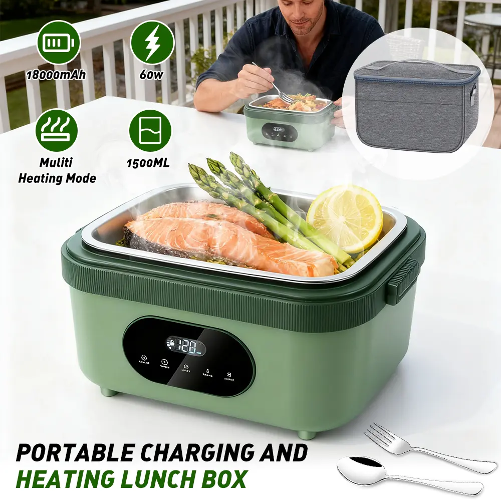 1.5L Cordless Electric Lunch Box, Heated Food Warmer with 18000mAh Battery, 60W Portable Lunch Box with Timer for Work and Travel