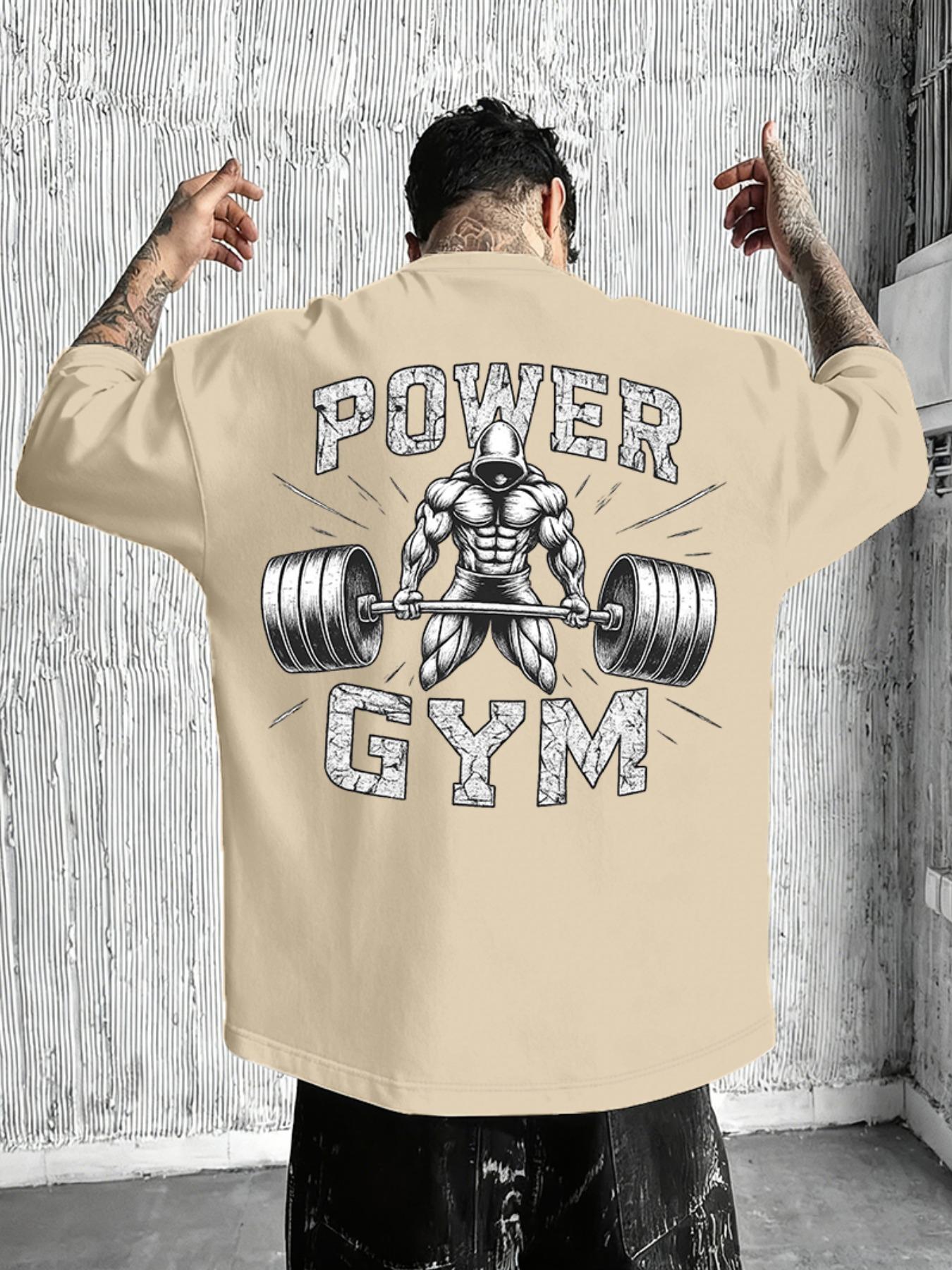 Men's Cool "Power Gym" Bodybuilding Graphic T-Shirt: Black Oversized Tee with Weightlifting Print, Perfect for Fitness Enthusiasts and Street Gym Style