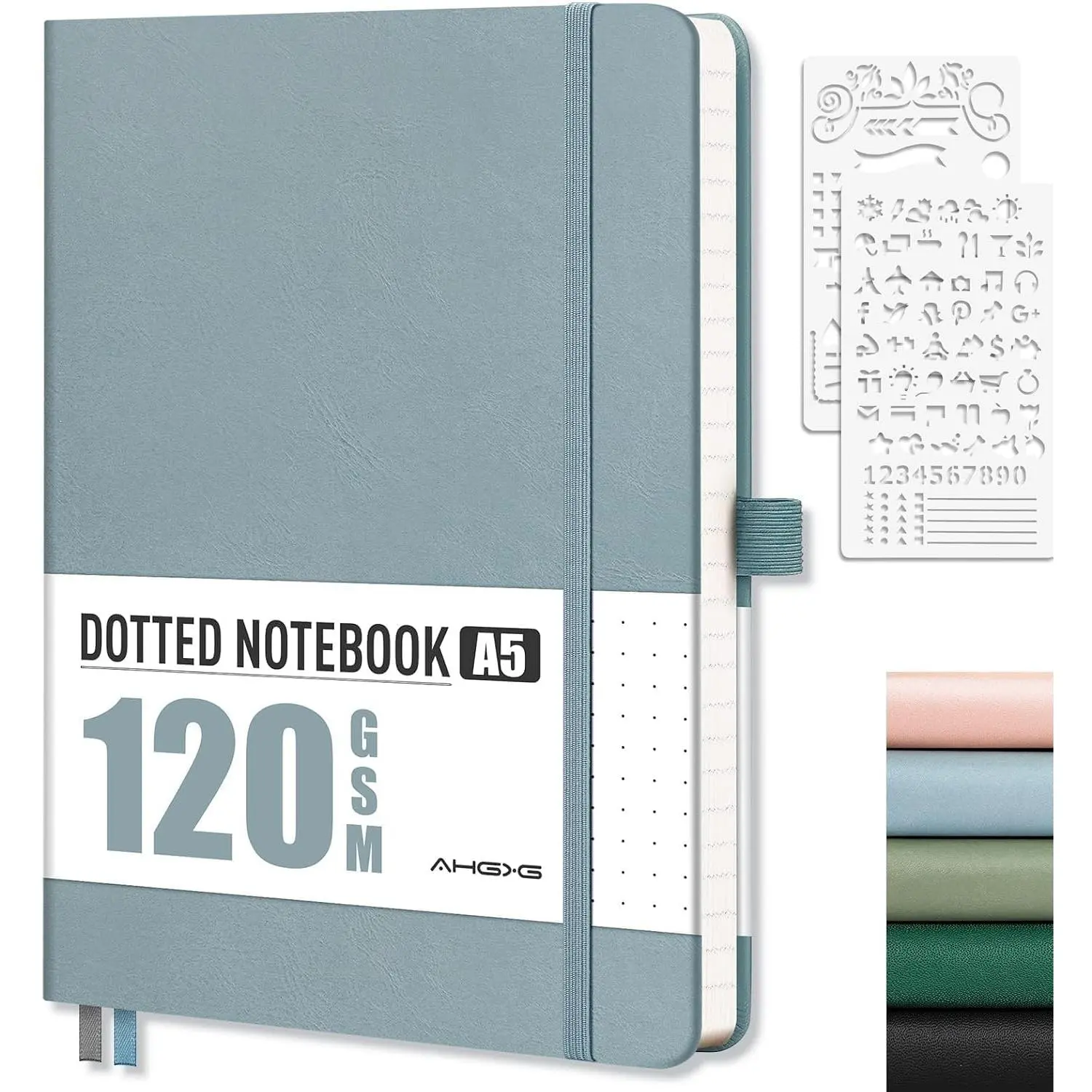 Dotted Journal, 120 GSM Paper, 160 Pages, A5 (5.7'' X 8.3'') | Dot Grid Notebook, Leather Softcover, Inner Pocket, Stencil, for Journaling, Planning,  (Gray Blue)
